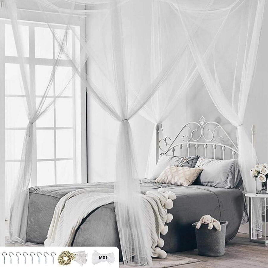 Luxe klamboe voor tweepersoonsbed Vierkant muggennet met 4 ingangen Eenvoudige installatie voor thuis tuin balkon en camping Wit 190 x 210 x 240 cm