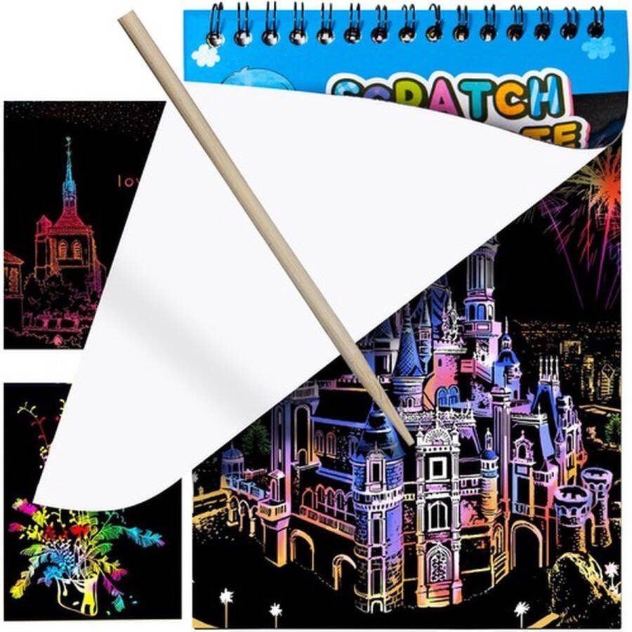 Pymiq Luxe kras Tekeningen 10 stuks BLAUW scratch cards scratch art Scratch painting Kraskaarten Hobby en creatief volwassenen Creatief kinderen Krasplaten kraskunst INCLUSIEF HOUTEN STYLUS!