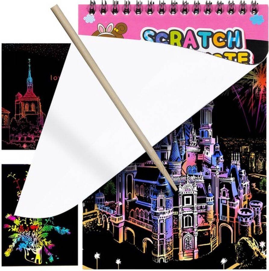 Pymiq Luxe kras Tekeningen 10 stuks ROZE scratch cards scratch art Scratch painting Kraskaarten Hobby en creatief volwassenen Creatief kinderen Krasplaten kraskunst INCLUSIEF HOUTEN STYLUS!