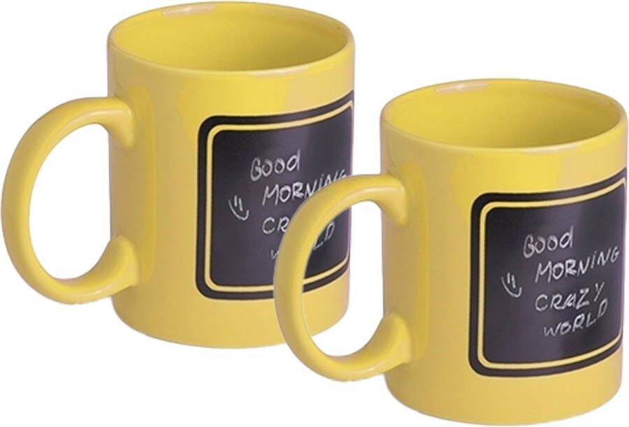 Merkloos Luxe krijt koffiemok beker 2x geel keramiek met zwart schrijfvlak 350 ml Bekers