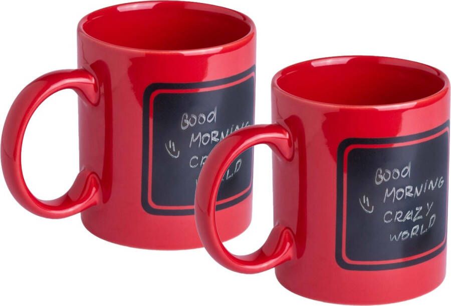 Merkloos Luxe krijt koffiemok beker 2x rood keramiek met zwart schrijfvlak 350 ml Bekers