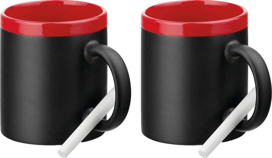 Merkloos Luxe krijt koffiemok beker 2x rood zwart keramiek met all-over schrijfvlak 350 ml Bekers
