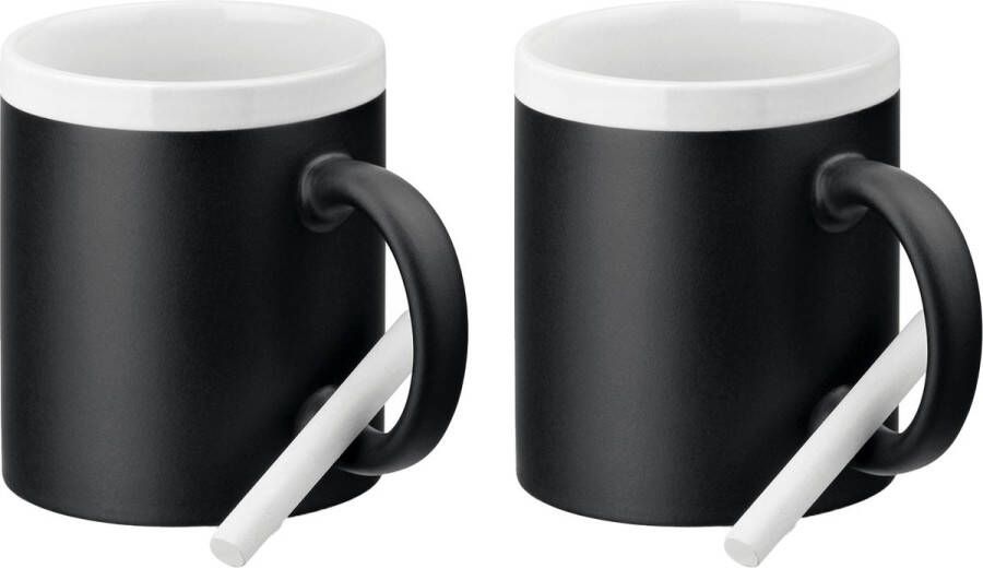 Merkloos Luxe krijt koffiemok beker 2x wit zwart keramiek met all-over schrijfvlak 350 ml Bekers