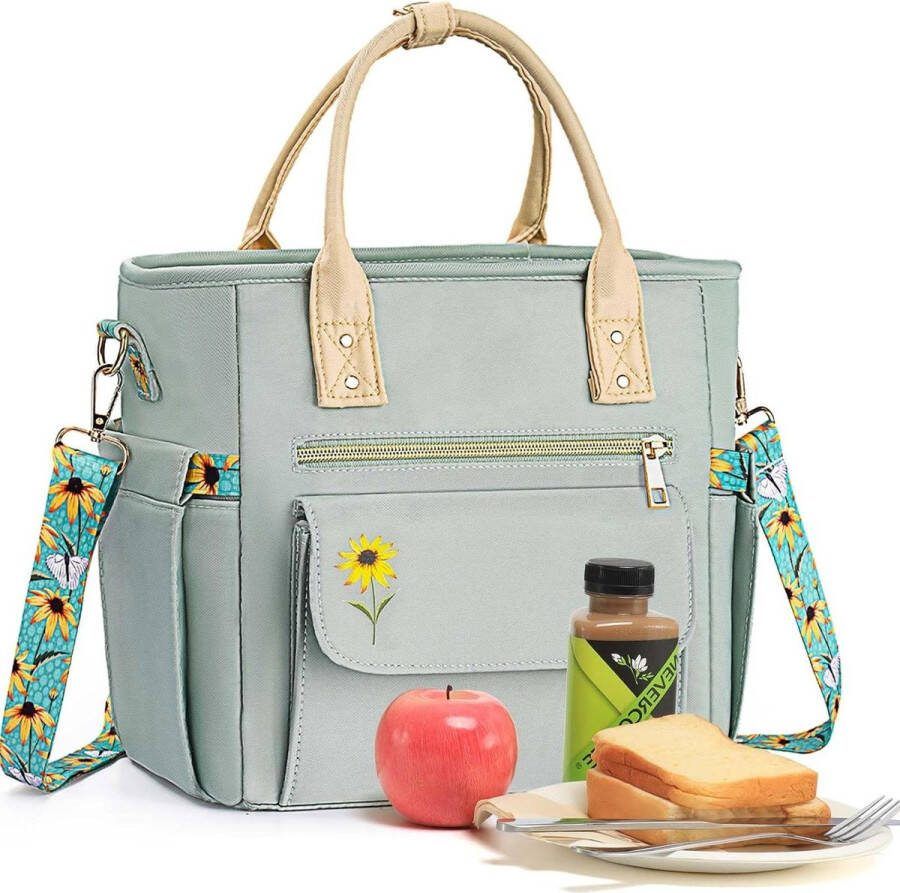 Luxe lunchtas voor dames lekvrije geïsoleerde lunchbox met meerdere vakken afneembare riem voor werk en picknick geweldige cadeaus voor vrouwen zwart oog margriet Hihealer