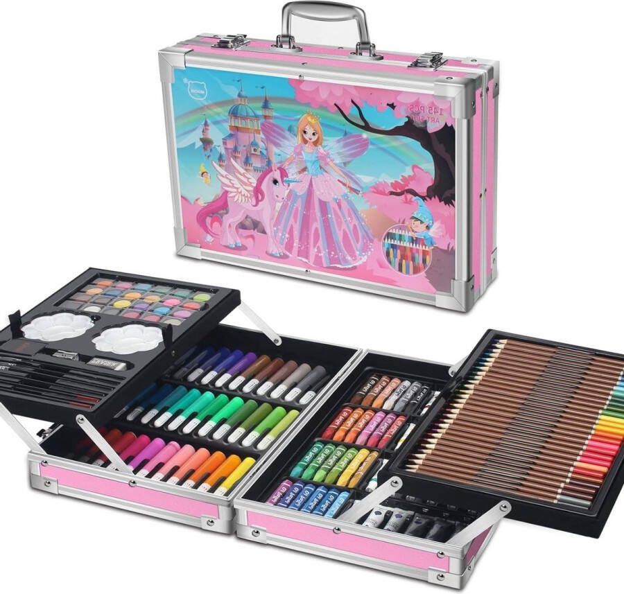 Luxe mega aluminium kunstset 145 delig met kleurpotloden en aquarelverf Tekendoos