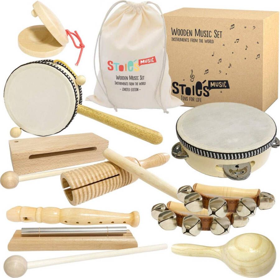 Luxe muziekinstrumenten voor kinderen kwaliteit hout 13 delige leerrijke instrumentenset