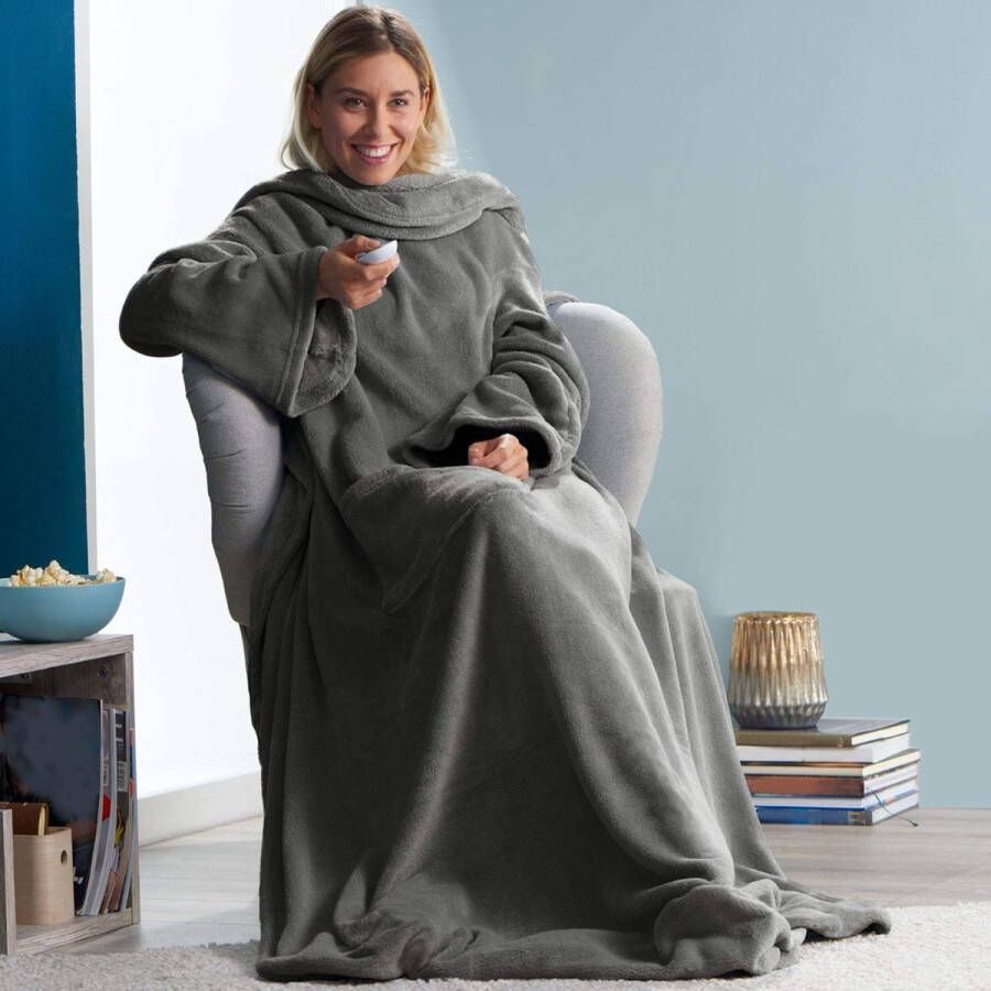 Luxe Tv-deken met Mouwen en Voettas Zachte Knuffeldeken van Microvezel 150 x 180 cm Grijs Vlekkenbestendig Polyester