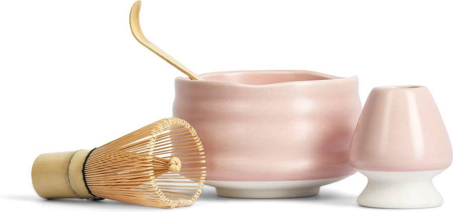 Luxe vierdelige Matcha set Matcha starterkit inclusief Matcha kom Matcha klopper (ook wel Matcha whisk) van bamboe lepel en whisk houder Matcha thee set van keramiek Roze