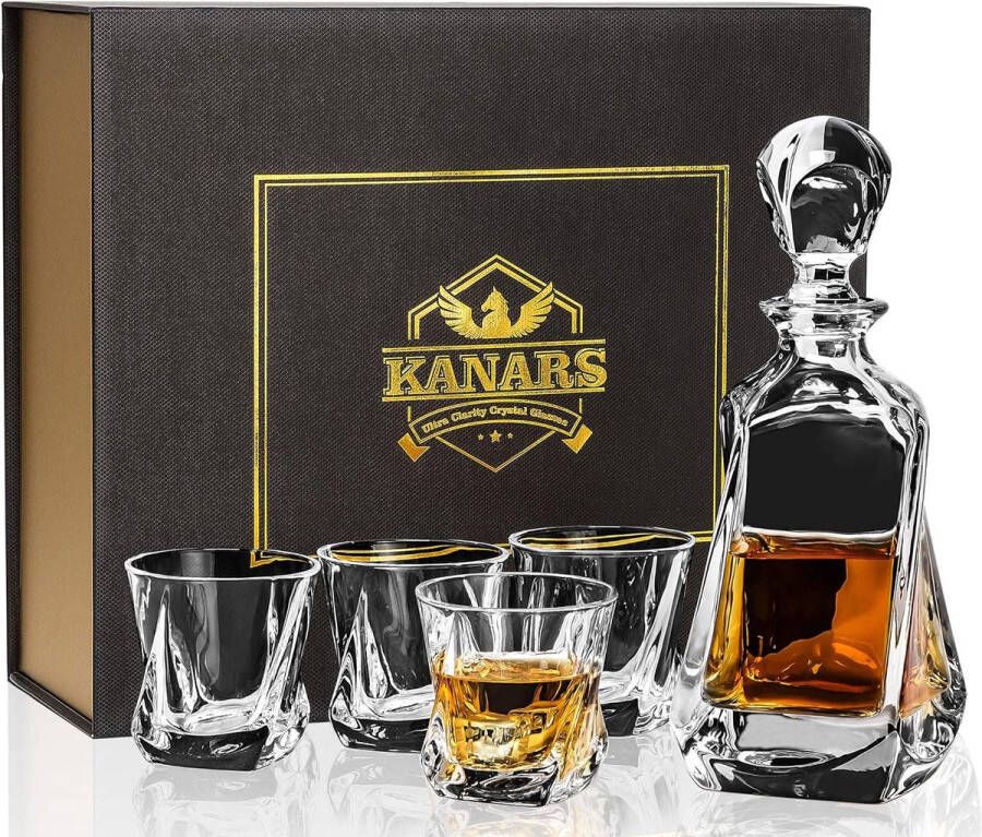 Luxe Whisky Karaf en Glazen Set Een 650 ml Kristallen Whiskey Decanter met 4 Whiskyglazen van 210 ml Perfect voor Martini Scotch Cocktails Cognac Whisky Wodka Prachtig Verpakt in een Stijlvolle Geschenkdoos Complete Set van 5 Stuks