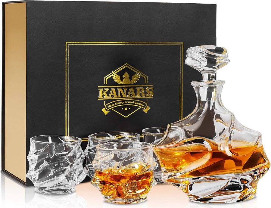 Luxe Whiskyglazen en Karaf Set Kristallen Whisky Decanter van 750 ml met 4 Whiskyglazen van 320 ml voor Cognac Wodka Whisky Scotch Martini Cocktails Complete Set van 5 Stuks in een Prachtige Geschenkdoos