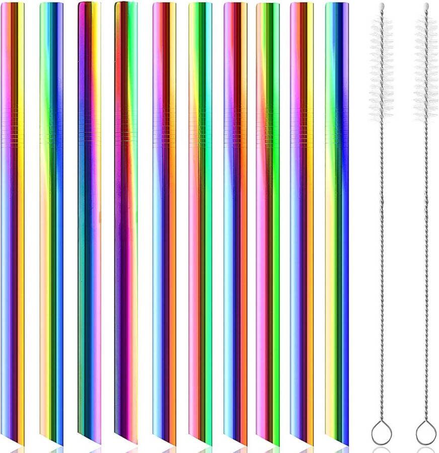 Luxiba 10 stuks roestvrijstalen rietjes extra brede bubbel-theerietjes herbruikbare roestvrijstalen rietjes regenboogmetalen rietjes met 2 reinigingsborstels vaatwasmachinebestendig ideaal voor smoothie