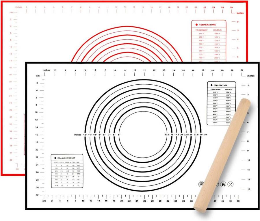 Luxiba 2 siliconen bakonderleggers (70 x 50 cm + 60 x 40 cm) grote anti-aanbakmat antislip herbruikbaar voor fondant gebak pizzamat BPA-vrij (28 x 2 5 cm deegroller hout)
