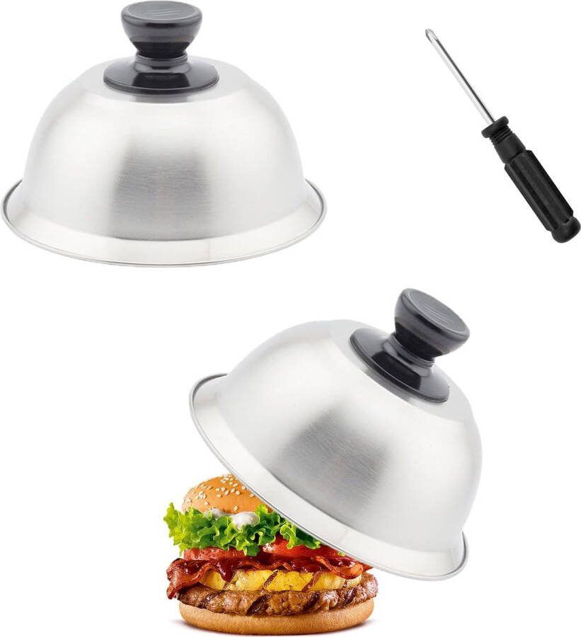 Luxiba 2 stuks Burger Bells 16 x 10 cm Melting Bell Burger Bell Burger Covers met handgrepen Burger Cover RVS Melting Dome Afdekplaat Bell Food Bell Burger Cover