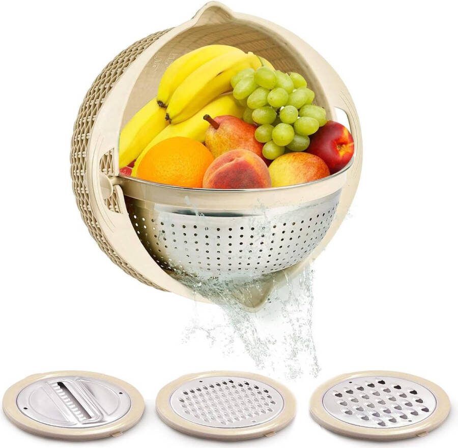 Luxiba 4-1 Colander met mengkomset rijstzeef keukenzeef met 3 verwisselbare kleermakerij rijszeef voor keukengroenten wassen snijden kneden beige