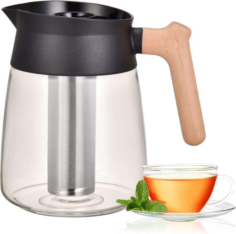 Luxiba Glazen Theepot met Houten Handvat 1.7L Capaciteit Cold Brew Koffiekan