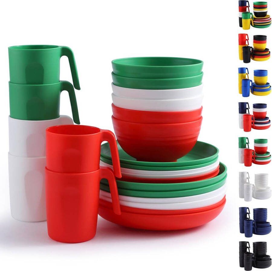 Luxiba Plastic serviesset 24-delig voor 6 personen herbruikbare borden en kommen sets in IT-kleur met platte borden dessertborden mueslikommen kopjes voor thuis tuin picknick