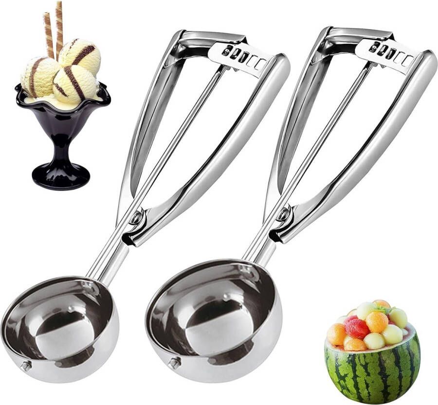 Luxiba Roestvrij stalen ijsschep met eenvoudige trigger 2 stuks koekjesschep ijsschep met trekker voor aardappelpuree cupcake-mix koekjesdeeg mellonballetjes 2 stuks