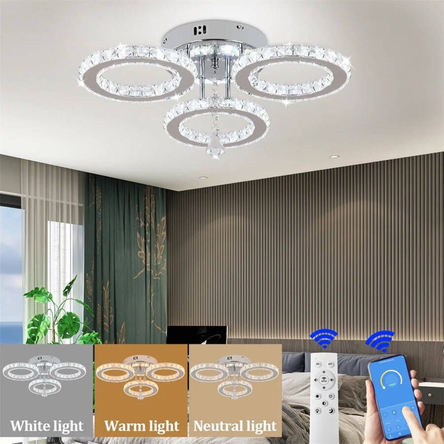 LuxiLamps 3 Cirkel Chroom Kroonluchter Dimbaar Met Afstandsbediening Woonkamerlamp LED Plafondlamp Plafonniere Crystal LED Lamp