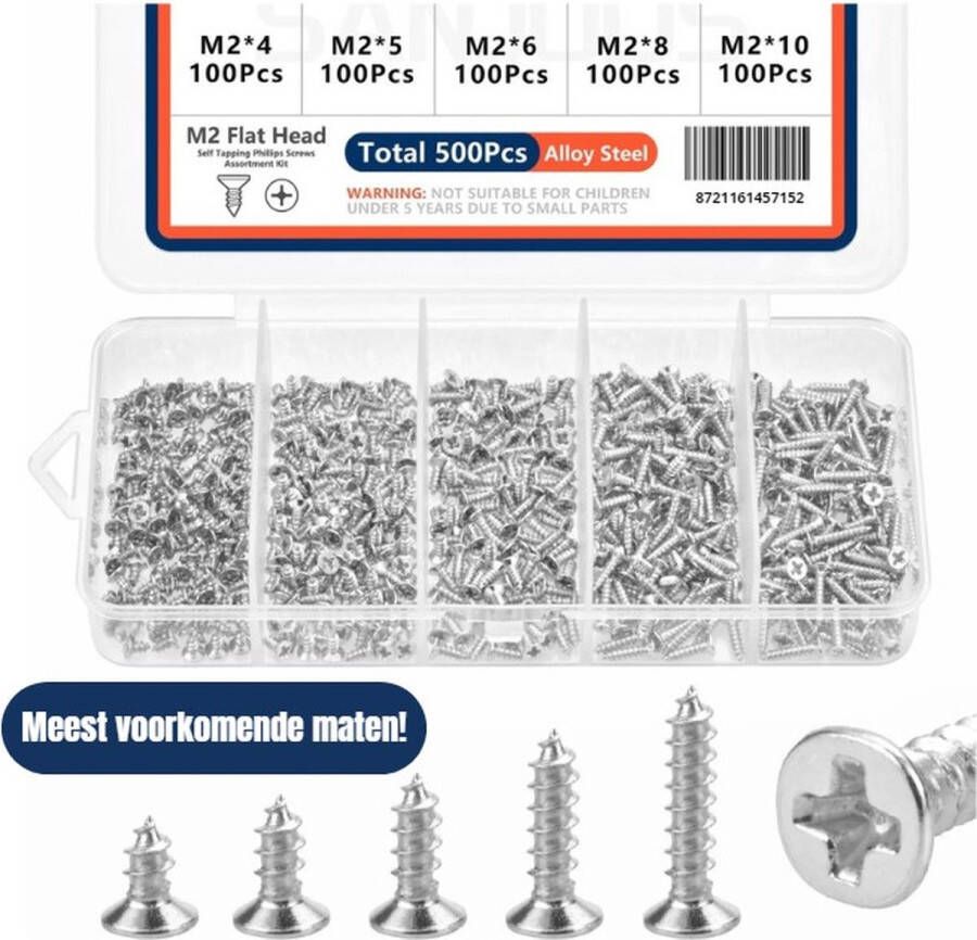 M2 Zelf tappende Schroeven Kit Industrieel Gelegeerd Staal 500 Stuks