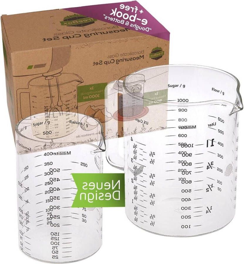 Maatbeker 1 liter glas met schenktuit 2-delige set Hitte- en magnetronbestendig meeteenheden Ideaal voor bakken koken en mengen. Maatbeker 1 liter