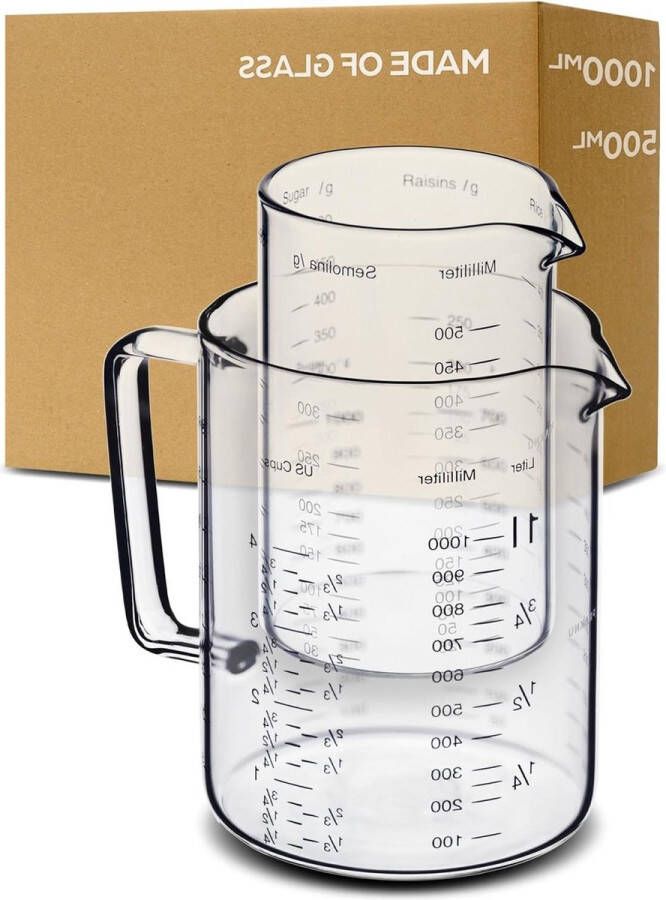 Maatbeker 1 liter Hittebestendige Glazen Maatbeker met Schenktuit 500ml Magnetronbestendig Nauwkeurige Schaalverdeling Ideaal voor Bakken Koken en Mixen. Maatbeker 1 liter
