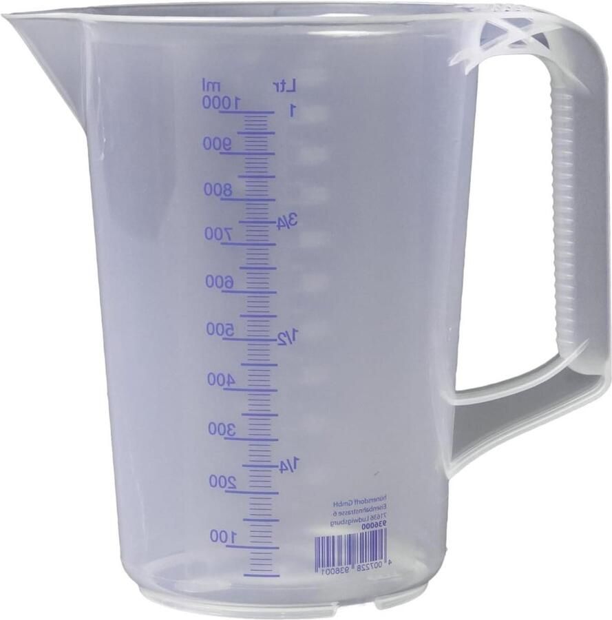 Maatbeker 1 liter van hünersdorff Polypropyleen (PP) onbreekbaar en vaatwasserbestendig gesloten handvat blauwe kom transparant + blauw Maatbeker 1 liter