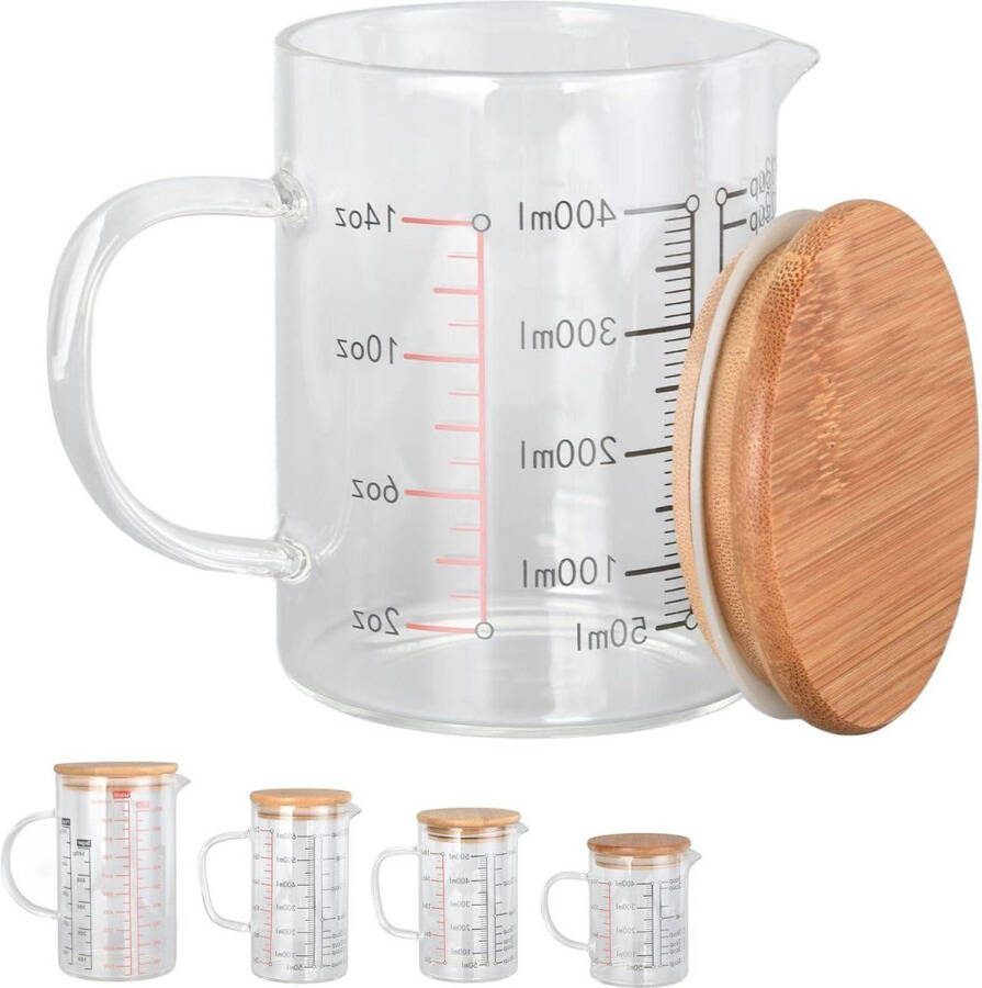 Maatbeker met duidelijke schaal en V-vormige spuitmond Comfortabele grip Glazen kan met deksel voor thee koffie whiskey melk (400 ml)