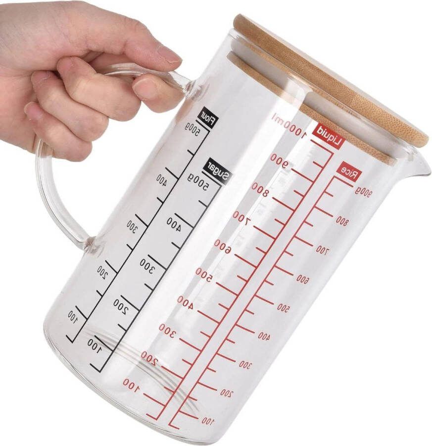 Maatbeker met Handvat en Houten Deksel Thuiskeuken 3 Schalen Borosilicaatglas Koffiekopjes V-vormige Mondstuk Gemakkelijk te Lezen 1000ML