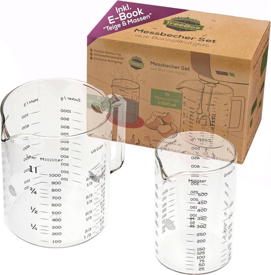 Maatbeker van glas maatbeker van 1 liter en 500 ml set van 2 stuks robuuste en hittebestendige maatbekerset van borosilicaatglas magnetronbestendig perfect voor bakken koken en mengen