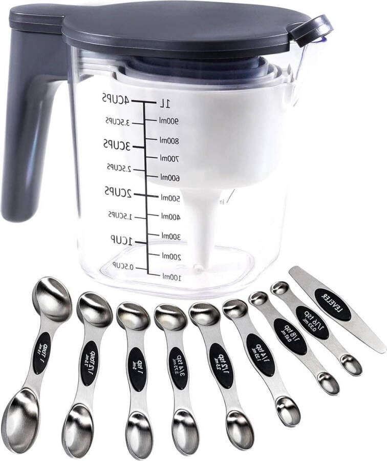 Maatbekerset van 19-delig inclusief stapelbare maatbeker met deksel en magnetische maatlepels BPA-vrij vaatwasmachinebestendig zwart