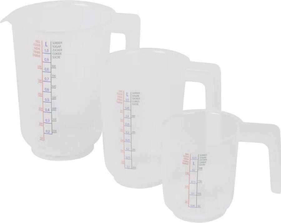 Excellent Houseware Set van 3x stuks maatbekers transparant 250 ml 500 ml 1000 ml Maatbekers