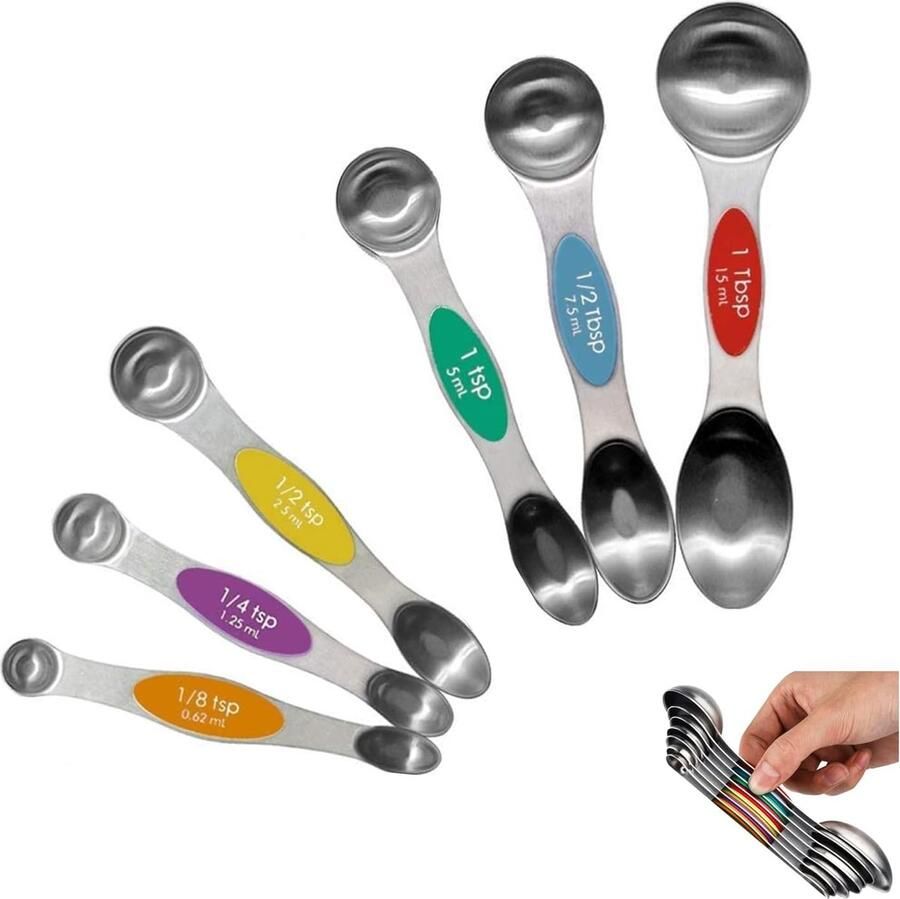 Maatlepel van roestvrij staal stapelbare soeplepel voor het meten van droge en vloeibare ingrediënten (magnetische opslag 6-delige set)