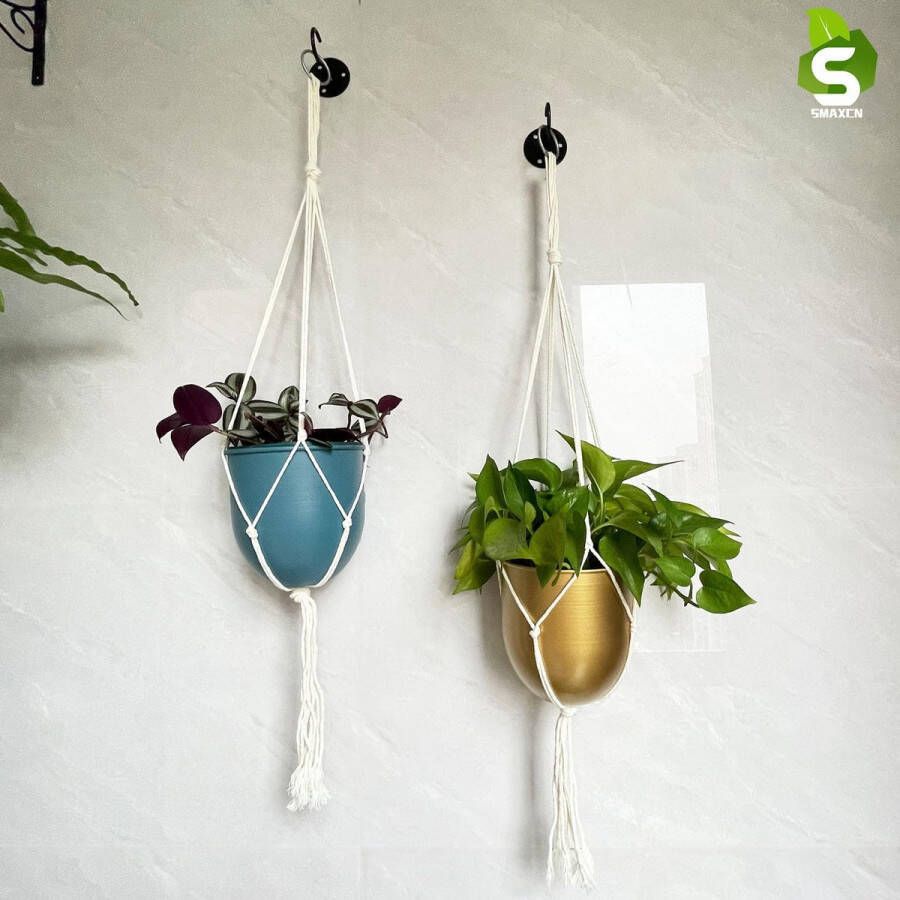 Macrame bloemenhanger boho-decoratie katoenen touw bloemenhanger hangend voor binnen en buiten plafonds balkondecoratie 80 cm (blauw)