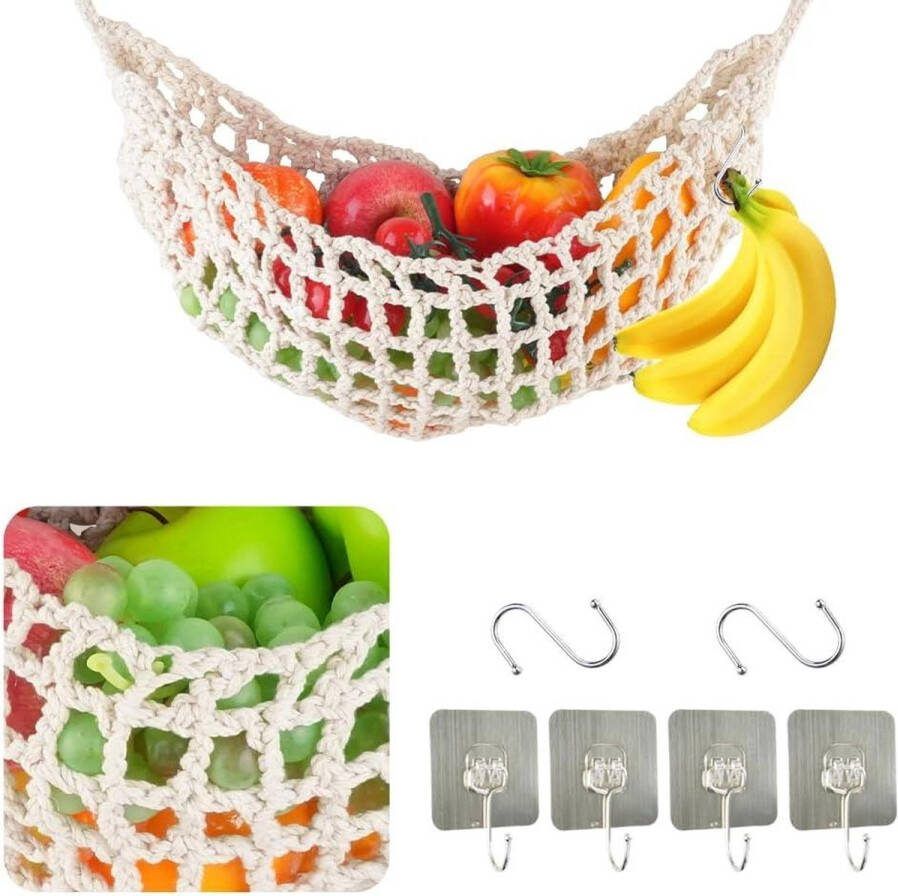Macramé fruithangmat handgeweven hangmand met 4 haken boho fruit groente hangmat voor keuken camper thuis SHAIDOJIO