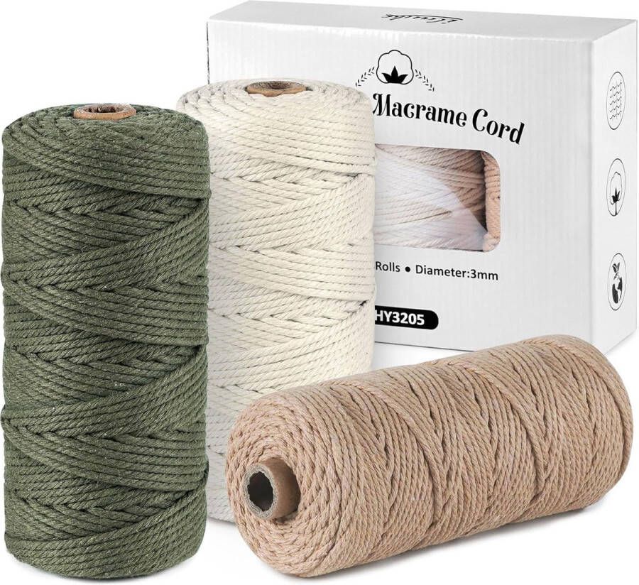 Macrame Garen 3 mm x 100 m Katoenen Garen Katoenen Koord Macrame Katoenen Garen 3 mm Katoenen Koord Naturel 3 mm voor Ambachten Breien Boho Decoratie Wanddecoratie Militair Groen + Lichtbruin +