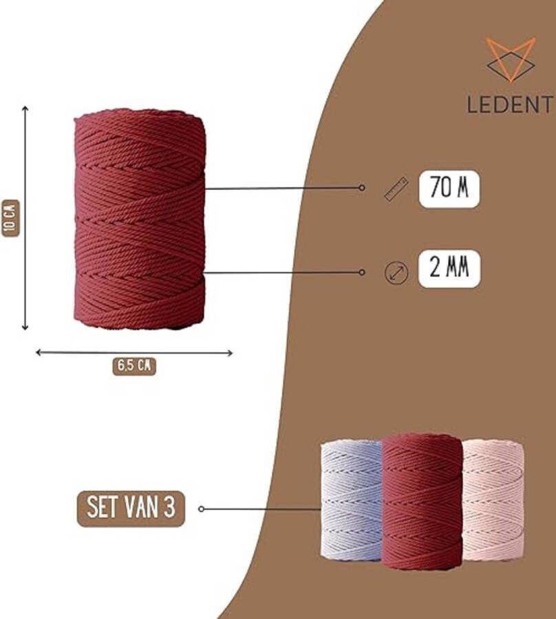 Macramé garen set Katoenen koord voor doe-het-zelfprojecten Gemaakt van 100% natuurlijk katoen 2mm 3 x 70M 3