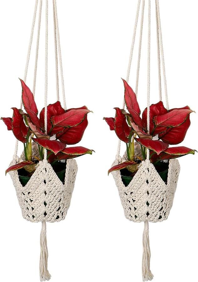 Macrame hangende mand plantenhanger hangende bloempotten katoenen touw decoratieve hangende mand bloempot met S metalen haken voor gebruik binnen en buiten 2 stuks