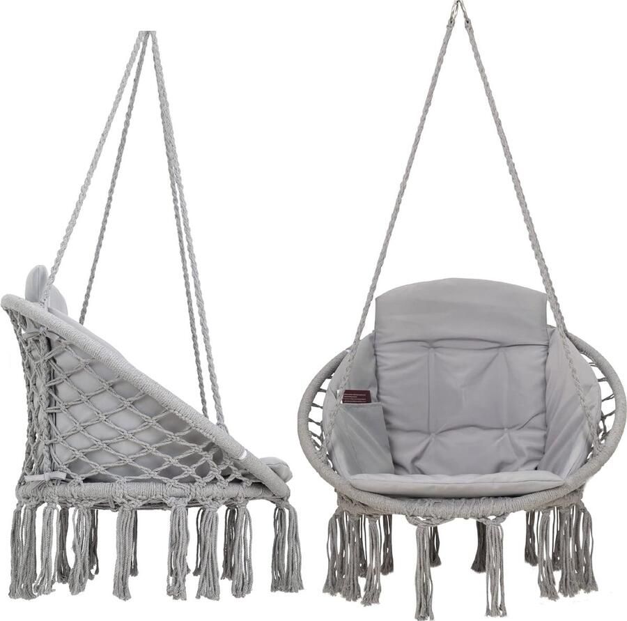 Macramé hangstoel voor binnen comfortabele boho-hangstoel voor tuin en balkon hangschommel met zacht kussen hangstoel outdoor met weerbestendige afdekking grijs