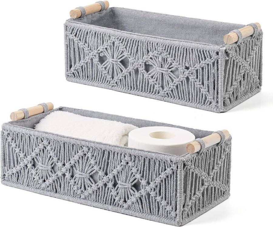 Macrame Opbergmanden Decor Box Handgemaakt Geweven Decoratief Aanrecht Toilet Tank Plank Kast Organisator Boho Decor Voor Slaapkamer Kinderkamer Woonkamer Set van 2 Grijs