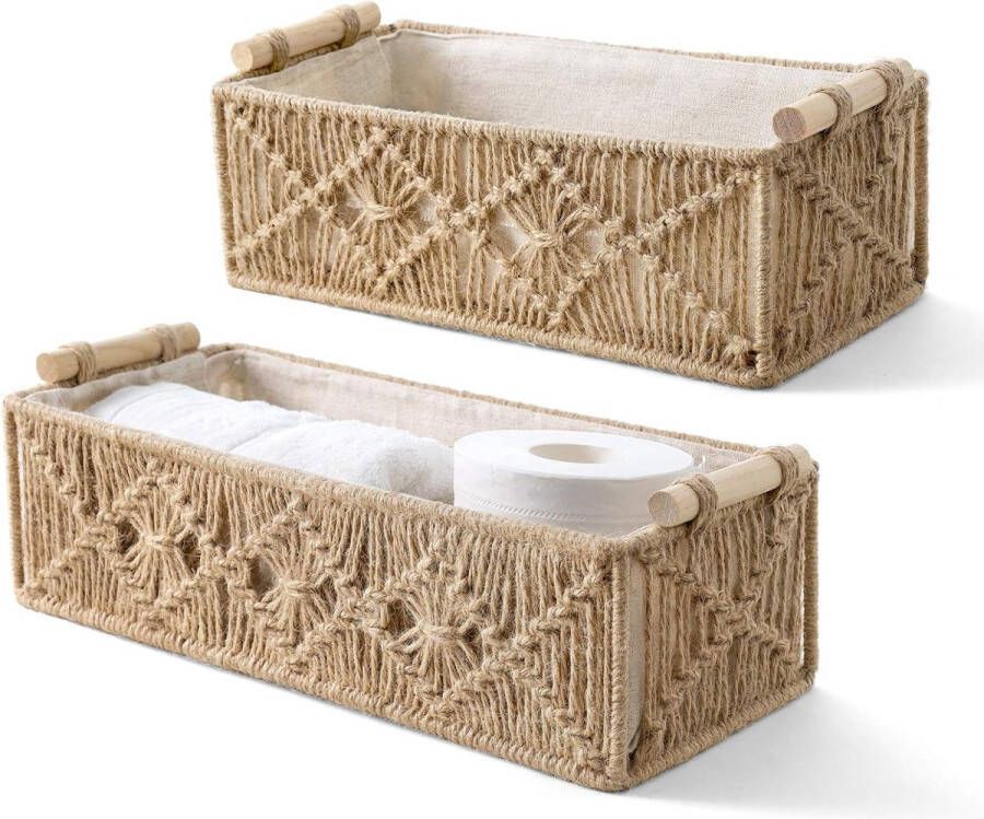 Macrame Opbergmanden Decor Box Handgemaakt Geweven Decoratief Aanrecht Toilet Tank Plank Kast Organisator Boho Decor Voor Slaapkamer Kinderkamer Woonkamer Set van 2 Bruin