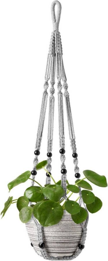 Macramé plantenhanger bloemenhanger voor buiten en binnen hangende bloempotten met houten kralen geen kwastjes boho balkondecoratie 89 cm grijs