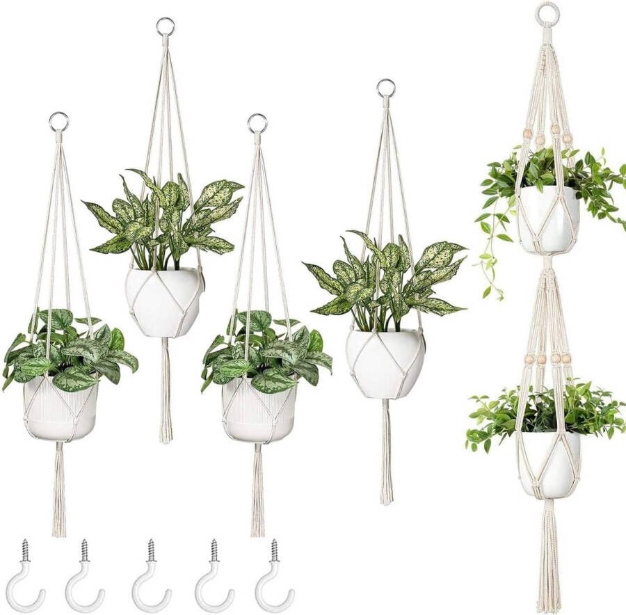 Macramé plantenhanger set van 5 boho decoratieve plantenhangers hangpot voor planten binnen buiten balkons wanddecoratie
