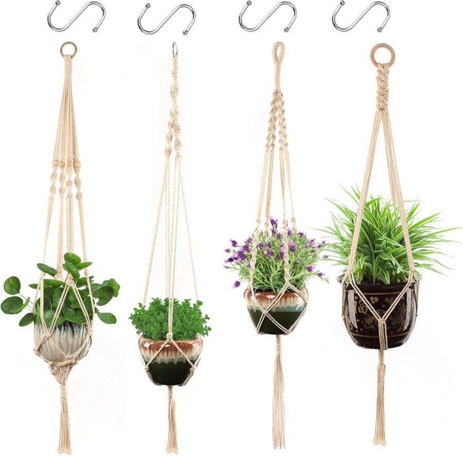Macramé plantenhangers set van 4 stuks vintage decoratie katoenen touw voor balkon raam decoratie binnen en buiten