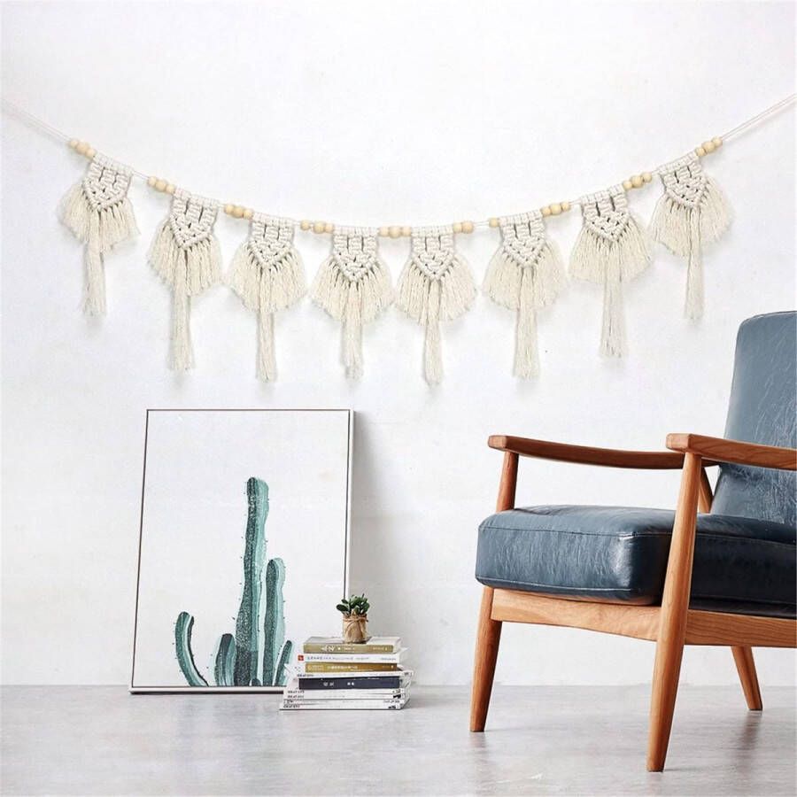 Macramé wandbehang boho-tapijt met kwastjes katoen geweven wandtapijt banner wanddecoratie voor woonkamer appartement bruiloftsfeest (B)