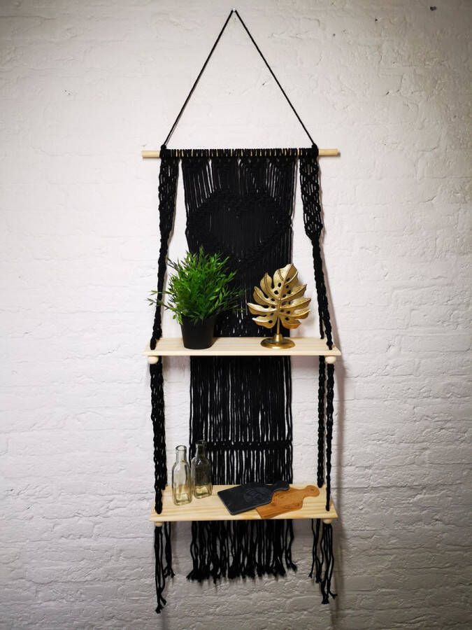 Macramé Wanddecoratie Zwart Wandkleed Plantenhanger 150x50cm met planken Home Decoratie Muuropknoping Wandhanger Woonkamer