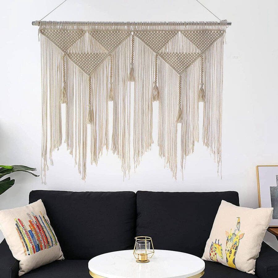 Macramé wandtapijt boho deurgordijn geweven tapijt beige wit met kwastjes gordijn voor woonkamer slaapkamer balkon achtergrond wandhaken (staaf niet inbegrepen) 120 x 100 cm