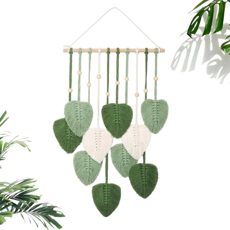 Macramé wandtapijt handgemaakt wandtapijt boho-decoratie bladveren wanddecoratie voor woonkamer slaapkamer groen 40 x 95 cm