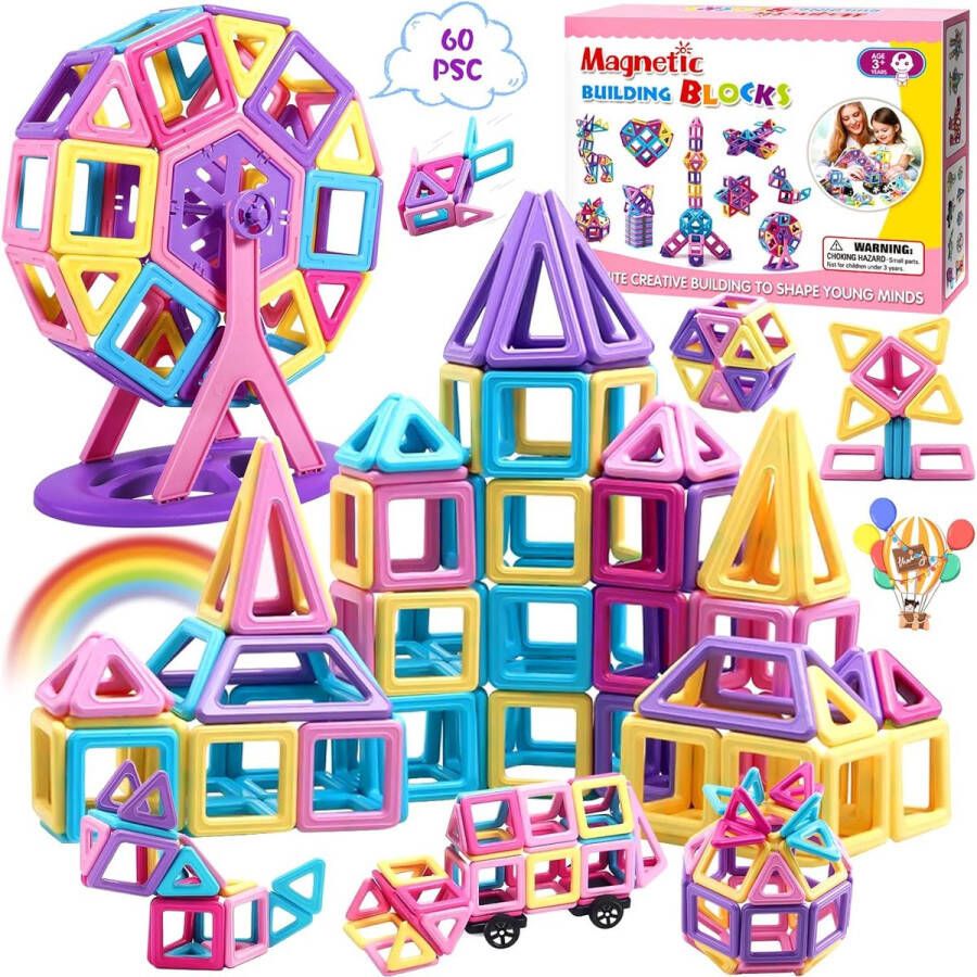 Magneet blokken Montessori speelgoed magnetische bouwblokken 60 stuks magnetische bouwstenen voor kinderen vanaf 2 3 4 5 6 jaar meisjes jongens Kerstmis verjaardagscadeau
