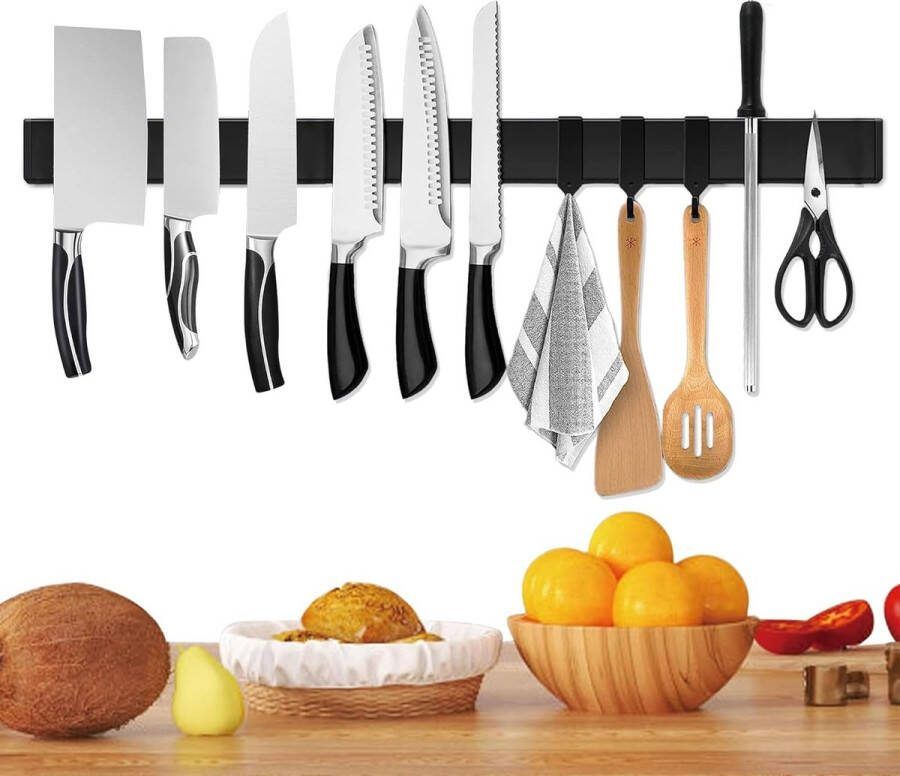 Magneetstrip 60 cm messenhouder magnetisch met 3 haken roestvrij staal zelfklevend zwarte wandhouder magneetstrip zonder boren messenhouder