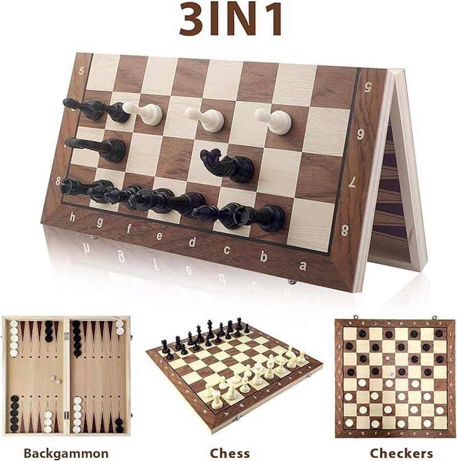 Magnetic game board set 3in1 schaakbord damspel schaken backgammon hout schaakset chess Opklapbaar 39CM